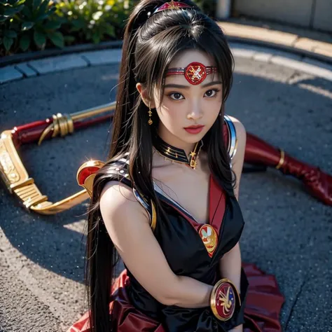 Highest quality, masterpiece, Very detailed, 8K, 14 year old beautiful Japanese woman:1.5, Small face, Black Hair, (A detailed and glamorous red Sailor Moon costume:1.5), Breast Augmentation Surgery, Very detailedな臭い脇の下、　Dynamic Angle