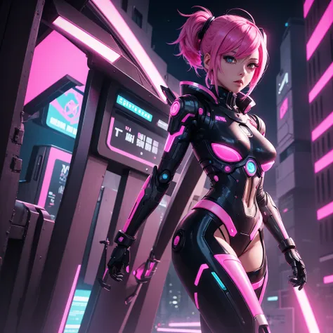 Robot Girl Android with pink hair in a pink suit with small yellow elements half cyborg modification Sad Beautiful sexy with bright yellow eyes stands in full height with a half turn sideways Anime Style black background Cyberpunk style, Sexy thighs, black...