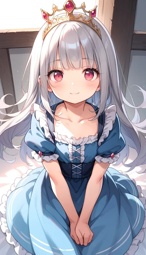 1girl, solo, long hair, looking at viewer, blush, smile, bangs, red eyes, dress, closed mouth, collarbone, short sleeves, grey h...