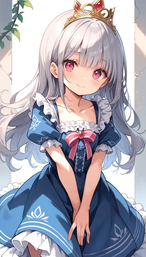 1girl, solo, long hair, looking at viewer, blush, smile, bangs, red eyes, dress, closed mouth, collarbone, short sleeves, grey h...