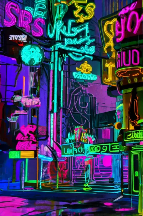 inside, stripclub, cyberpunk style, neon lights, scenery , dancing poles