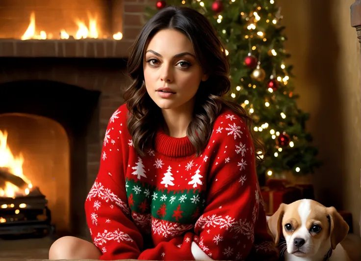 Mila Kunis a beautiful young woman (Mila Kunis, age 25), wearing an oversized frumpy Christmas sweater (shoulders exposed, deeply plunging neckline) , nude except for sweater, her intimate areas partially exposed and very detailed, sitting cross-legged by ...