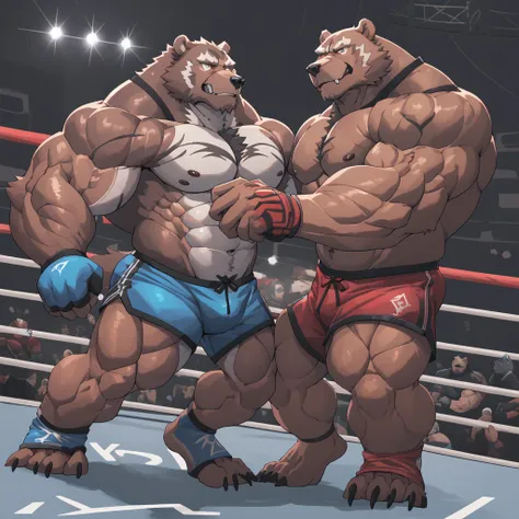 huge muscular thick grizzly bear bodybuilder shirtless in blue mma shorts, blue mma gloves and blue foot wear, muscular husky do...