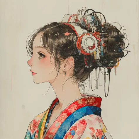 (Background, symmetrical, Compositions with colorful geometric arabesque patterns):1.3,  (hair bun, single braid, dark brown hair), (top-quality, very detailed illustration), (1woman:1.3, solo), (japanese kimono), (ultra delicate face, ultra Beautiful fece...