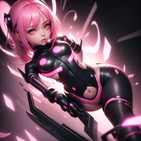 Lonely Android Girl with pink hair in a pink suit with small yellow elements woman half cyborg modification Sad Beautiful sexy with bright yellow eyes stands at full height with a half turn sideways Anime Style black background Cyberpunk style, Sexy thighs...