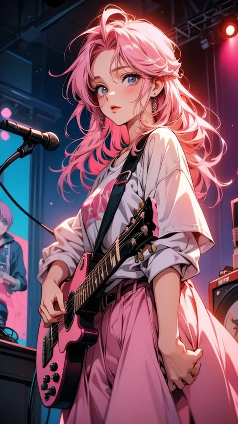 Pink haired anime girl playing guitar in front of a microphone, artwork in the style of Gwaiz, Painted in an anime artist&#39;s studio, Created by Anime Painter Studio, Realistic Anime 3D Style, Nightcore, Anime Moe Art Style, High quality anime art style,...