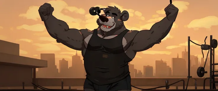 ((masterpiece, best quality)),solo, 1bear, solo, baloo, huge thick muscular, black gym shorts, black tank top, black eyes, furry, bear, no humans, gymnasium, cable crossover machine set, pulling the cables, growling and grunting, being super strong