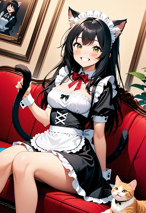 detailed illustration, dynamic angle, ultra-detailed, illustration, 1girl, medium breasts, sitting on a red velvet couch, catgirl, cats, black hair, long hair, cat ears, cat tail, french maid outfit, smiling, happy, eager, loving, 