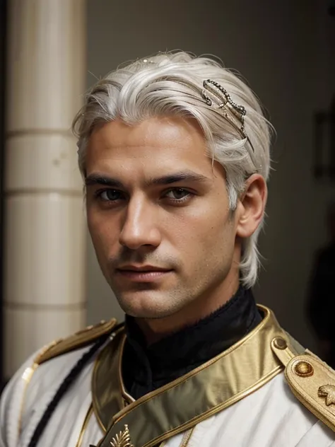 A close-up image of a man with white hair and dark eyes, olive skin color, wearing imperial clothing. 