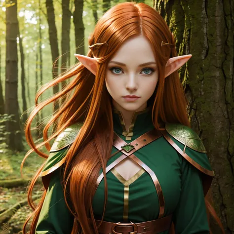 elf, young female, long hair, copper colored hair, medieval fantasy outfit, woodland outfit, green eyes, bright green eyes, pale skin, thin, attractive, anime drawing,