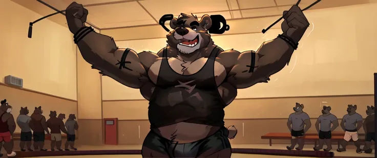 ((masterpiece, best quality)),solo, 1bear, solo, baloo, huge thick muscular, black gym shorts, black tank top, black eyes, furry, bear, no humans, gymnasium, cable crossover machine set, pulling the cables, growling and grunting, being super strong