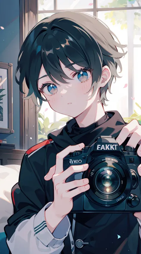 Handsome boy holding a camera taking pictures