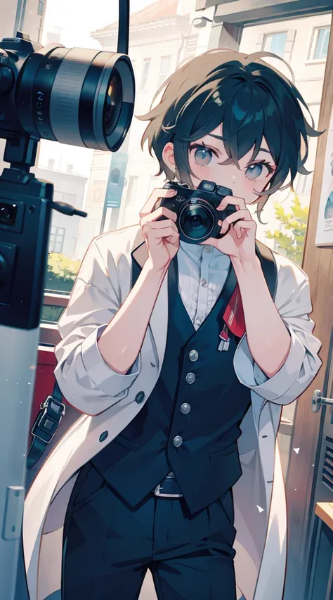 Handsome boy holding a camera taking pictures