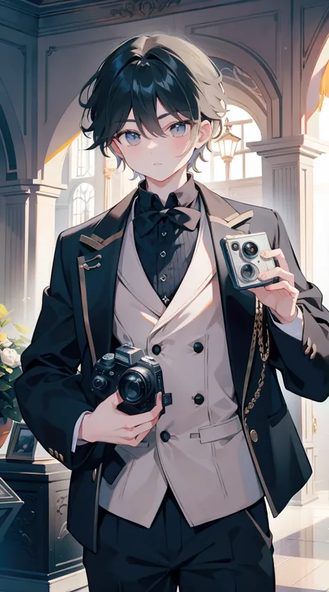 Handsome boy holding a camera taking pictures