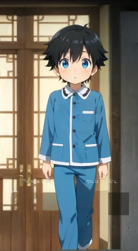 A cute loli boy anime outfit pajamas, Bblack hair, very clear and cute blue eyes, Kwai,