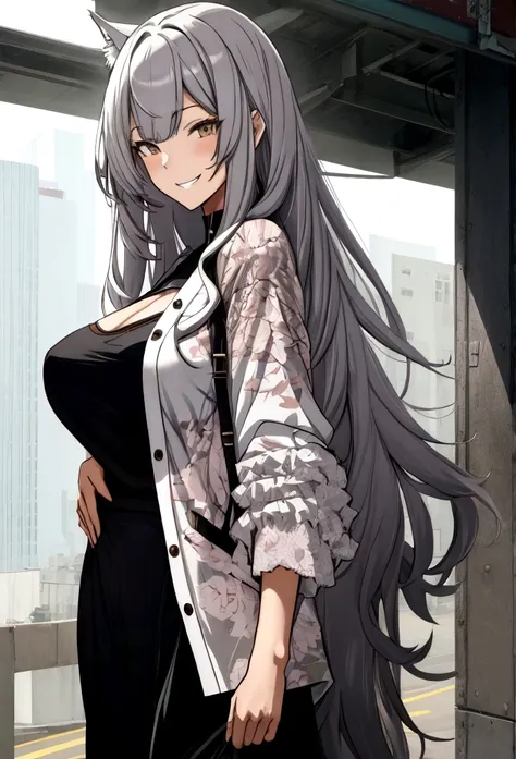 Anime girl long wolfcut hair, medium size breast, sexy,casual outfit,grinning