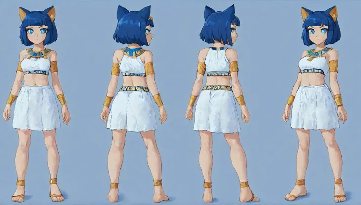 A woman in a white dress、Blue Hair的女子的特写, character model sheet turnaround, character turnaround, Animation character design, whole body拍摄转身, detailed whole body概念艺术, Colorful Concept Art, Anime Concept Art, whole body角色概念艺术, whole body概念艺术, game character...