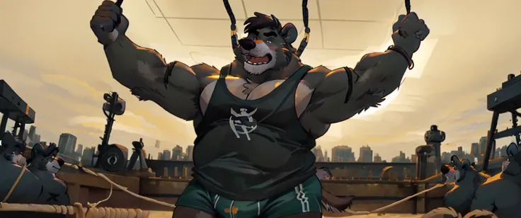 ((masterpiece, best quality)),solo, 1bear, solo, baloo, huge thick muscular, black gym shorts, black tank top, black eyes, furry, bear, no humans, gymnasium, cable crossover machine set, pulling the cables, growling and grunting, being super strong