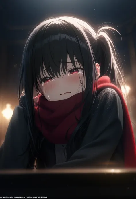 1girl oekakizuki, official art, sitting, crying, tears streaming, black coat, red scarf, black hair, side_ponytail, red eyes, (very aesthetic, best quality, ultra detailed), intricate details, highres, indoors, light particles, close-up, blurry background,...