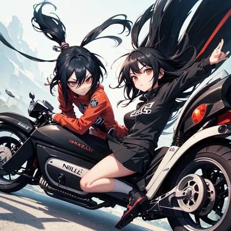 girl similar to gorillaz noodle, long black straight hair ((drawing)), ((anime girl nose)), riding a motorcycle, coming towards the viewer