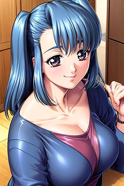 (best quality), (masterpiece), (focus on face), つやのある肌, 1girl, smile, cardigan, medium large breasts, emphasizing the cleavage