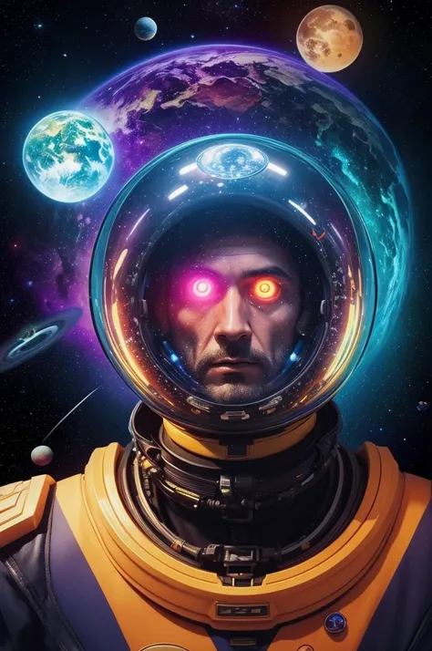 HD Details, close-up of a man in a spacesuit, planets on the background, psychedelic cosmic horror, psychedelic illustration, outer space, plant growth, psychotic universe, background space graphic art, cosmic illustration, outer space, LSD cosmic poster a...