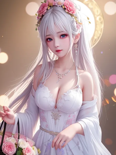 best quality, masterpiece, High target, There is a girl with a basket of flowers on her head, Big breast beauty，Very sexy，beautiful clothes, Hair Decorationss, necklace, Decorations, Pretty Face, When the body, Tyndall effect, Realistic Portraits, Edge lig...