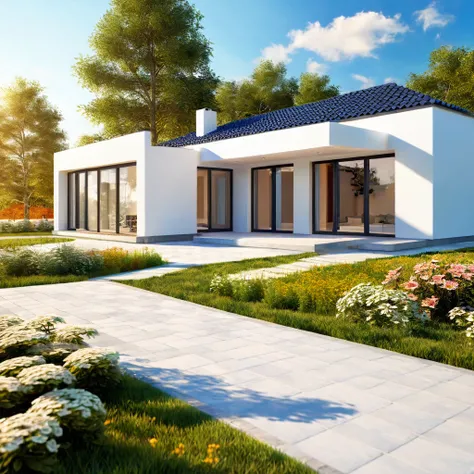 In the foreground is an open space with tiles，There is a house in the background，Nordic style，minimalist design，There is sky，Blue sky and white clouds，Bright morning sunshine，There are some flowers and plants around the house，The overall feeling is clean a...