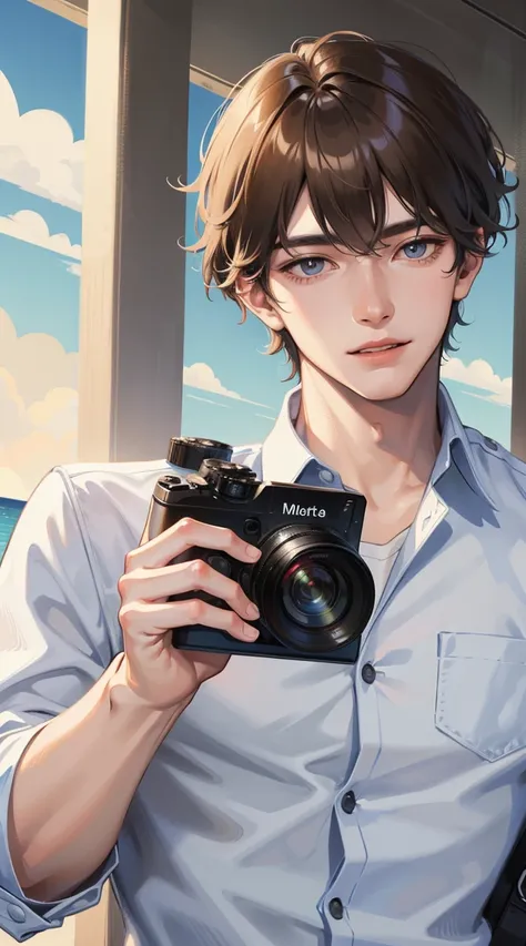 Handsome boy holding a camera taking pictures