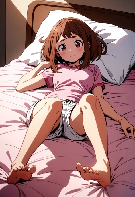 Ochako Uraraka lying on the bed with a shy face in a pink t-shirt and white shorts, bare feet looking at the camera