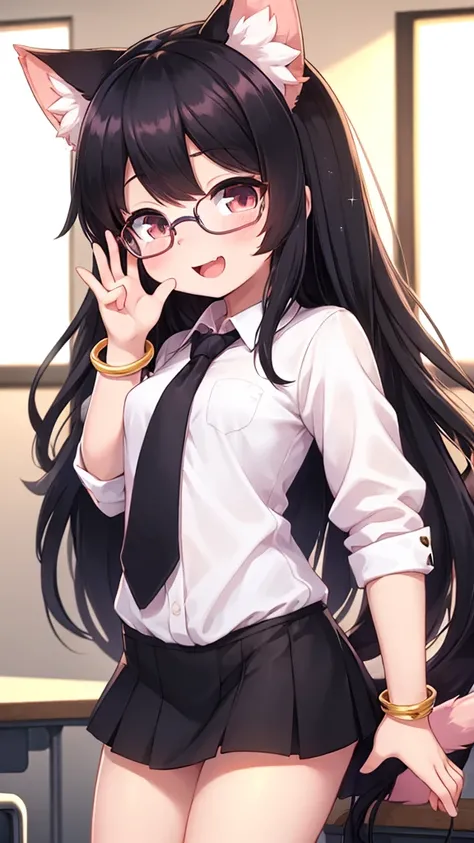 (young :1.6),1 girl,black long hair,wavy hair,messy hair,pink cat ears,pink cat tail,small breasts,white shirt,black necktie,black mini skirt,classroom,sparkle light,gold light,morning,glasses,cute bracelet,ribbon hair ornament,full face blush,looking at v...