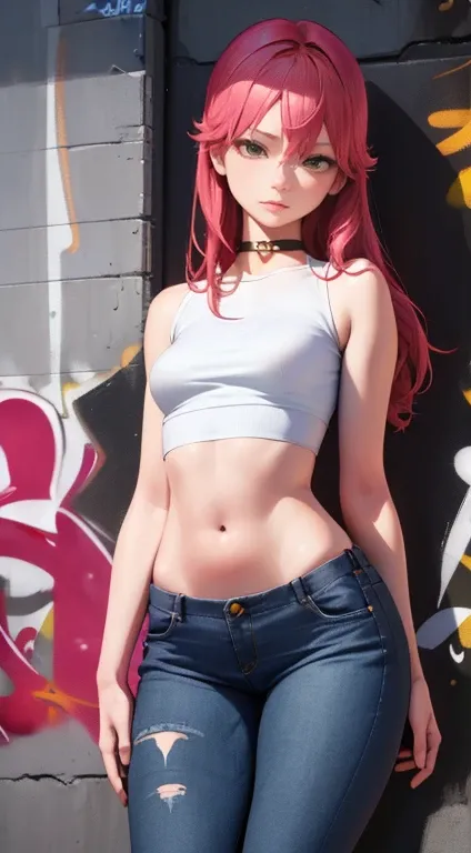 master-piece, bestquality, 1girls,25 years old, proportional body, elongated legs, Beautiful, proportional., crop top, Long Jeans, mediuml breasts, ,only, crop top, choker, (Graffiti:1.5), Splash with purple lightning pattern., arm behind back, against wal...