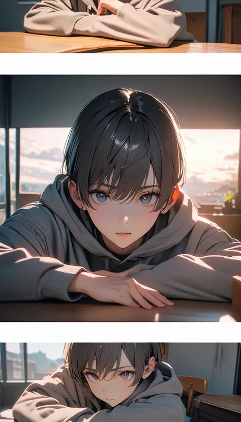 (8K, RAW photos, best quality, masterpiece: 1.4), (((The boy sits at the desk)))，Ultra-high resolution, Extremely detailed, light, Eye close-up, handsome boy, black eyes, (delicate eyes, Eyes are bright:1.2), Gray short hair, Fair skin,dark, Grey sweatshir...