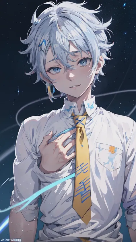 Anime Shōnen with blue eyes and a white shirt and tie, [[[[smile wickedly]]]], Anime Shōnen, kaworu nagisa, ( ( ( yoh yoshinari ) ) ), smileing nright, Young Anime Guy, Tall anime guy with blue eyes, 8K!, Anime Handsome Man, Cute anime face, Male Anime Cha...