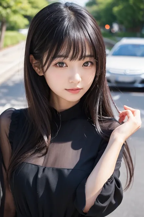 ((Highest quality))、A Japanese girl in her twenties、With bangs,Black long hair,Black dress、front、outside