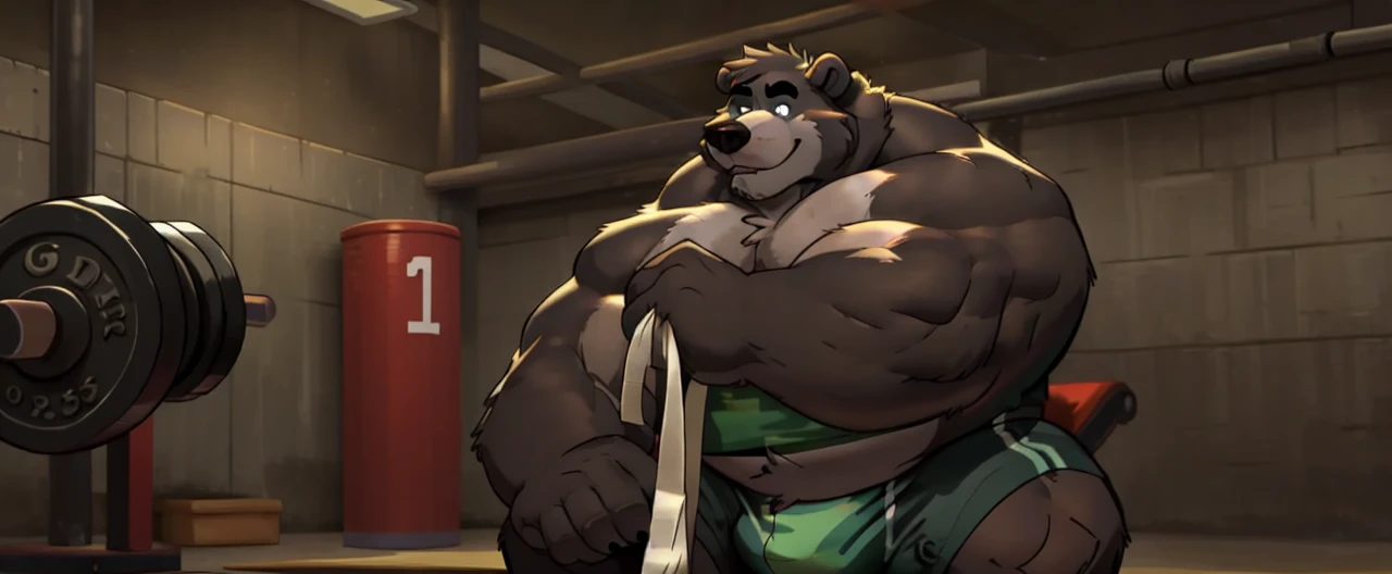 ((masterpiece, best quality)),solo, 1bear, solo, baloo, huge thick muscular, black gym shorts, black tank top, black eyes, furry, bear, no humans, gymnasium, looking at the results from the measuring tape of how many weights and pounds he’d lost