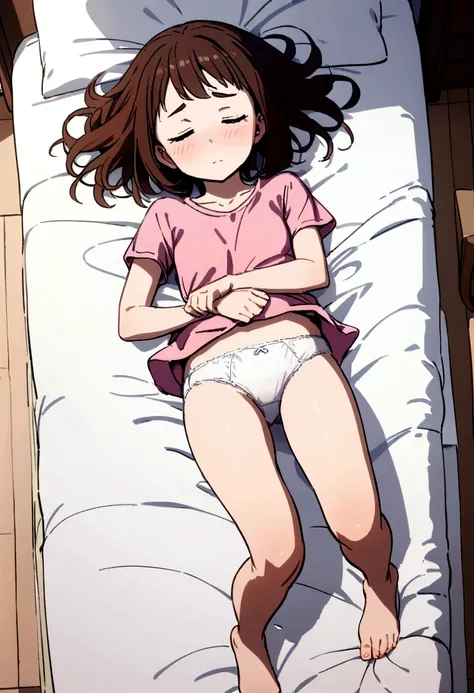 Ochako Uraraka lying face down on the bed with shy face in small pink t-shirt and white panties bare feet looking at the camera