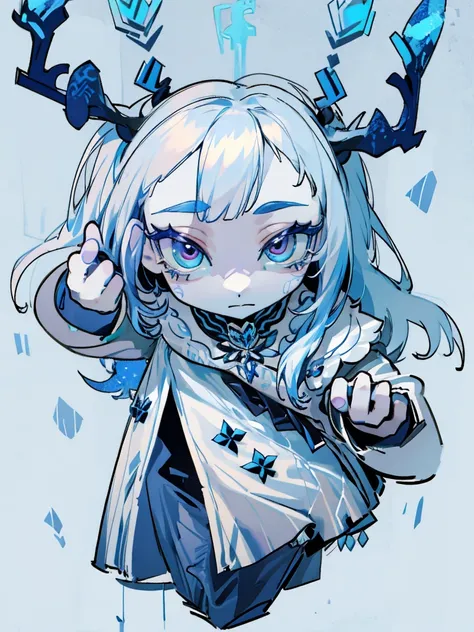 chibi, front facing, full body, solo, masterpiece, best quality, extremely detailed, detailed background, detailed face, 1girl, pale skin, long blue hair, deer ears, white deer horns, white elegant dress, blue flower, good finger, perfect face, intricate d...