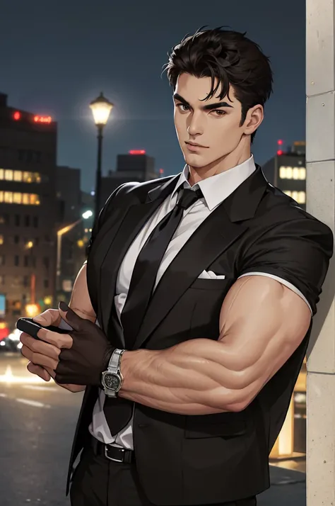 (absurdres, highres, ultra detailed, realistic, ), 1 male, solo, adult, mature, tall muscular guy, broad shoulders, handsome, very short hair, black hair, brown eyes, angular jaw, thick neck, thick eyebrows, night, dark, the night view of the city backgrou...