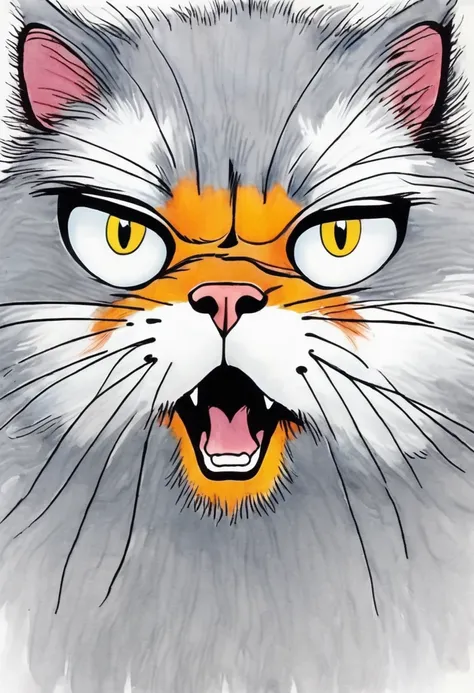 Jim Davis cartoons, A humor and Expressive cartoon of an angry grey cat, permanent,Pure white background, humor, Expressive, angry, grey