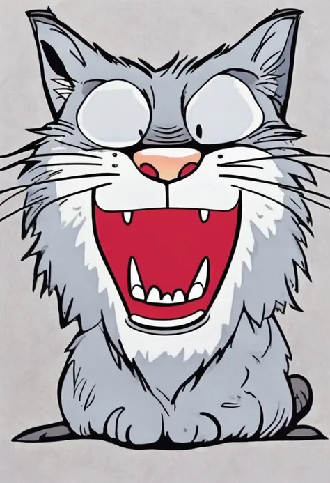 Jim Davis cartoons, A humor and Expressive cartoon of an angry grey cat, permanent,Pure white background, humor, Expressive, angry, grey