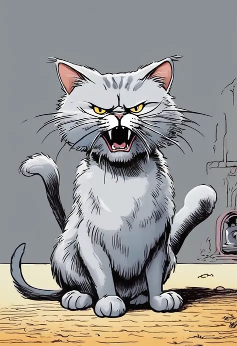 jim davis cartoons, a humor and expressive cartoon of an angry grey cat, permanent,pure white background, humor, expressive, ang...