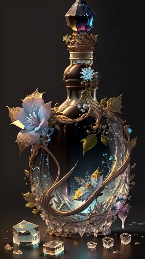 (masterpiece, Top quality, best quality, Official Art, beautiful and aesthetic:1.2),(8K, best quality, masterpiece:1.2),CG bottle, No humans, gem, still life, Gray background, Book, Simple background, Vague, crystal,( blue gemstone:1.5),( Ice flower patter...