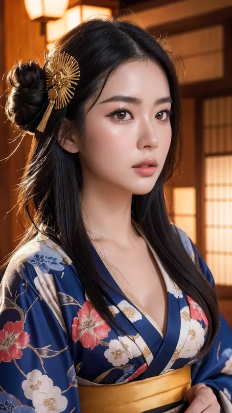 big breasted japanese woman in elaborate kimono, ornate shrine, cinematic atmosphere, (best quality,4k,8k,highres,masterpiece:1.2),ultra-detailed,(realistic,photorealistic,photo-realistic:1.37),(looking at viewer),highly detailed face,beautiful detailed ey...