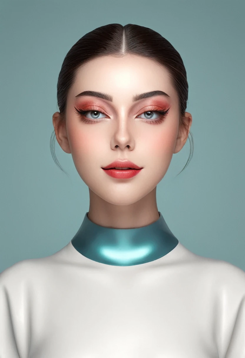 in the style of a 3D digital illustration, girl, front view, symmetric, minimalist, solid background, high resolution and ultrahigh definition, volumetric lighting.