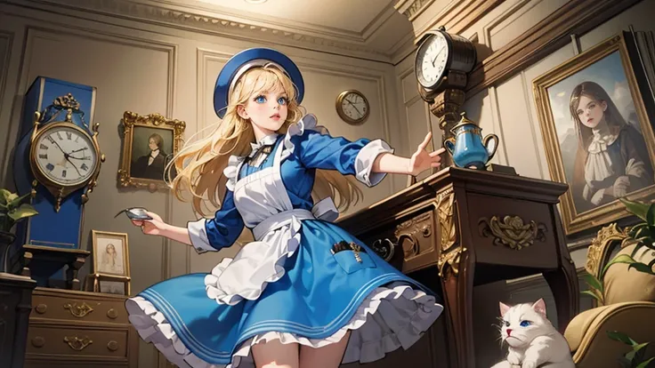 masterpiece, Highest quality,Large pocket watch,A room with,Huge pocket watch, Portraiture, A girl who became a dwarf,Alice in Wonderland, Blue clothes, White apron, Blonde, blue eyes, Trump, Tea cup, Dynamic pose,Electro Swing