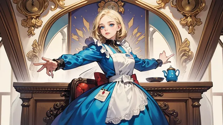 masterpiece, Highest quality,Large pocket watch,A room with,Huge pocket watch, Portraiture, A girl who became a dwarf,Alice in Wonderland, Blue clothes, White apron, Blonde, blue eyes, Trump, Tea cup, Dynamic pose,Electro Swing