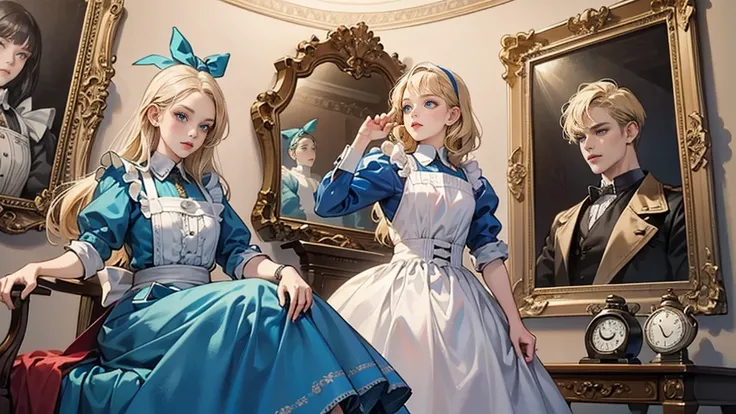 masterpiece, Highest quality,Large pocket watch,A room with,Huge pocket watch, Portraiture, A girl who became a dwarf,Alice in Wonderland, Blue clothes, White apron, Blonde, blue eyes, Trump, Tea cup, Dynamic pose,Electro Swing