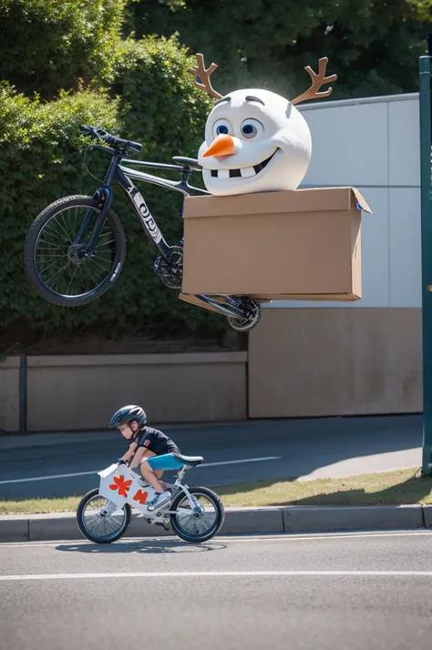 Olaf on top of a cardboard stunt bike