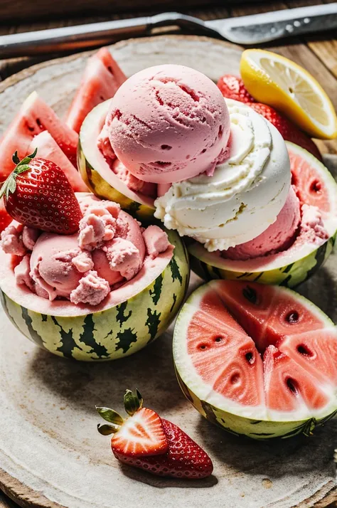 a strawberry ice cream, watermelon and lemon